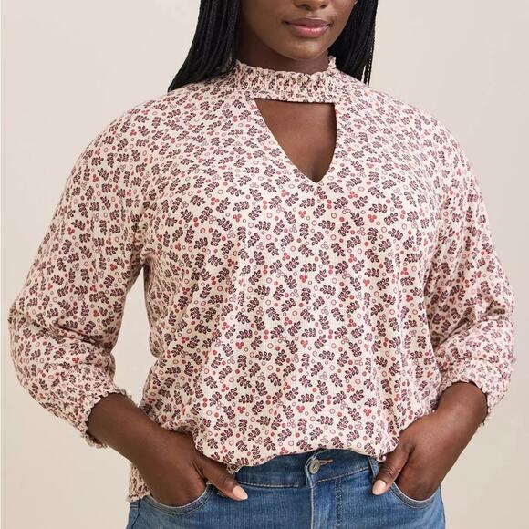 torrid Tops - Torrid Textured Jersey Choker Smocked Top Womens 2X Cream Floral Peasant Prairie